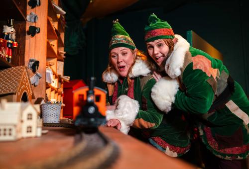 Elves watching a toy train go by